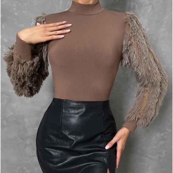 Cozy Faux Fur Fuzzy Long Puff Cuff Sleeve Mock Neck Top Blouse Shirt Black - Picture 11 of 16